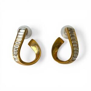 Vintage Swarovski Swan Signed Gold Plated Clear Crystal Baguette Post Earrings